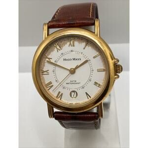 Hugo Maxx Mens 18k Gold Plated Fashion Watch New Battery Worn Dial Works